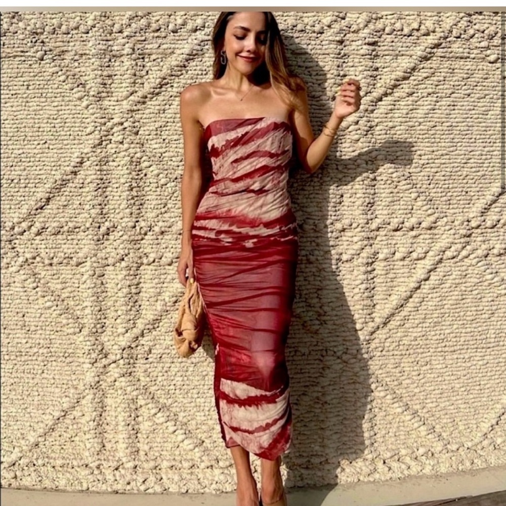 Red and Cream Strapless Dress
